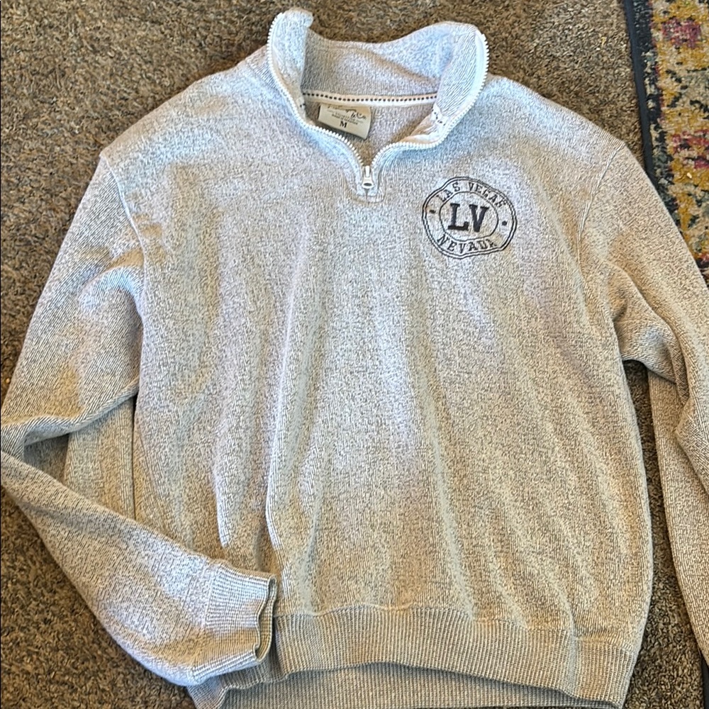 Gray Zip Up Sweater with Stand-Up Collar and Ribbed Cuffs